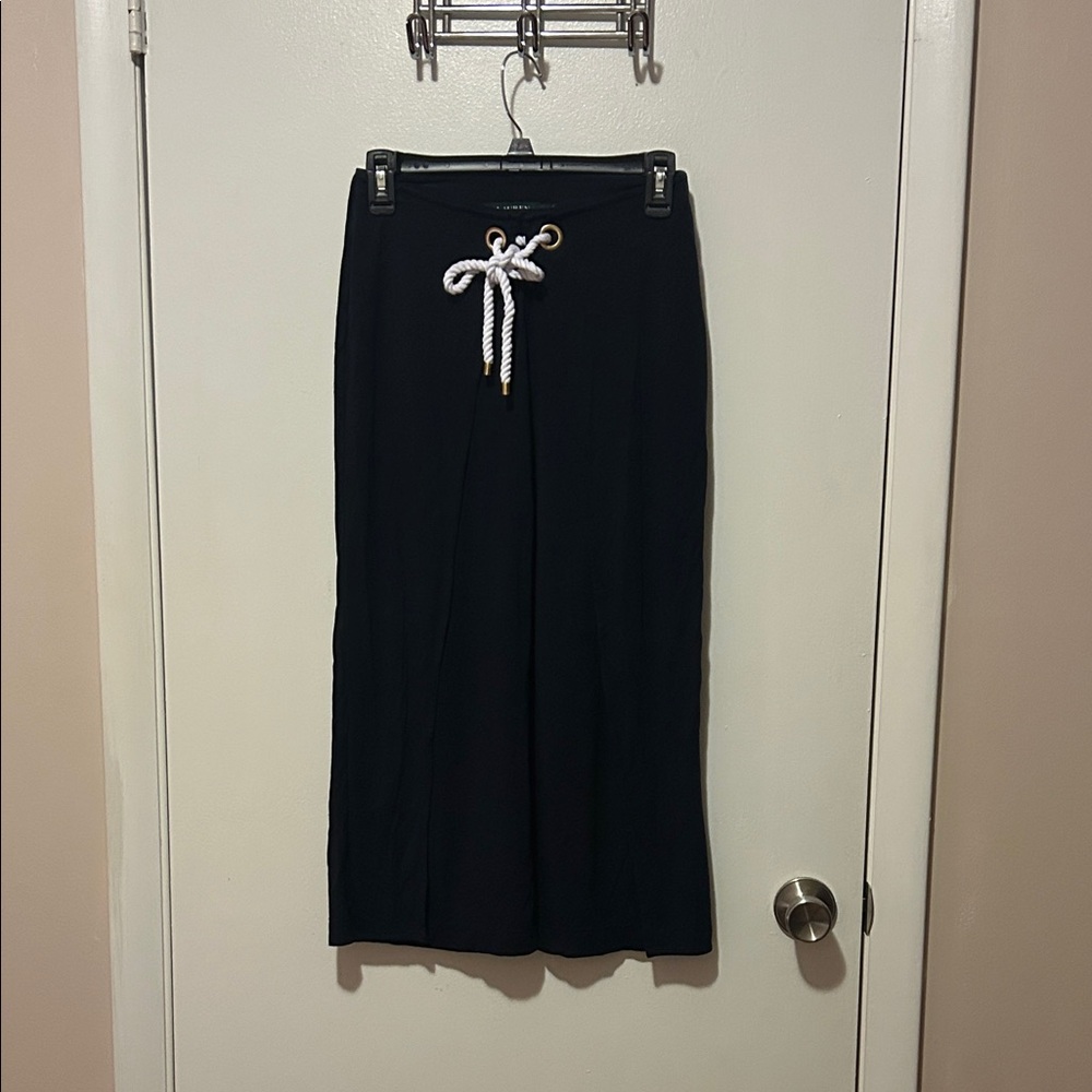 Elegant Blue Midi Wide-Leg pants with Rope Detail